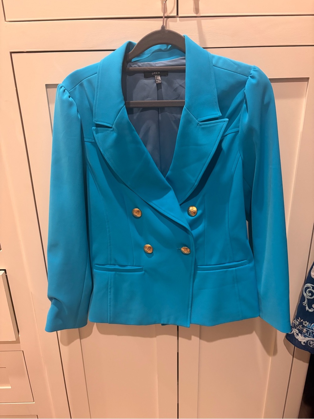 DREW Turquoise Double-Breasted Blazer with Gold Buttons